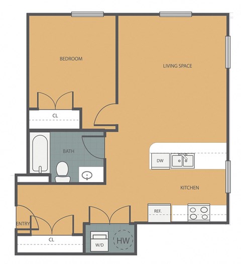 Floor plan for 1 bed, 1 bath, 673 sqft